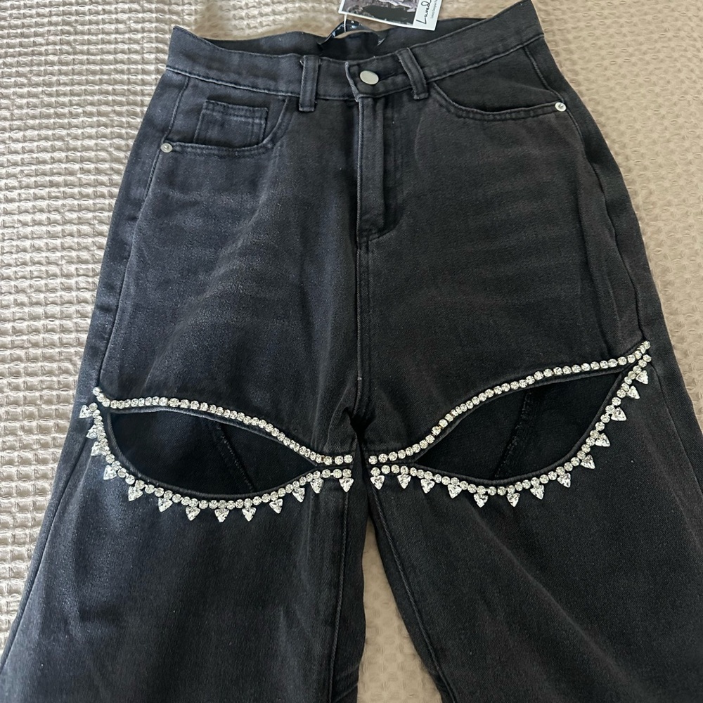 Black Jeans Jewel Slit Design Cutout